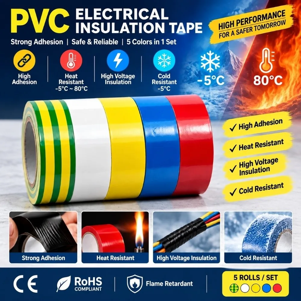 5pcs Assorted Electrical Tape Set Flame Retardant Waterproof PVC Electrical Tape Dielectric High Viscosity Insulating Tape