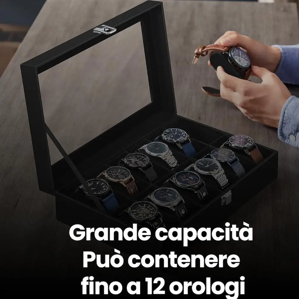 صندوق ساعة SONGMICS مع 12 فتحة، علبة ساعة بغطاء زجاجي، صندوق عرض للساعة مع وسائد ساعة قابلة للإزالة، مشبك معدني #3