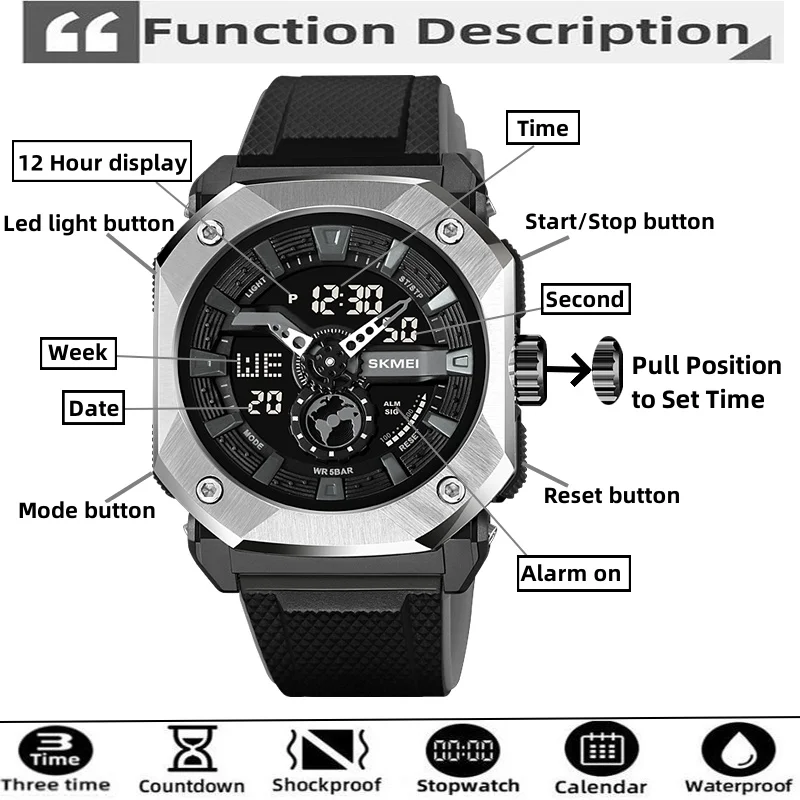 Skmei Digital Analog Display Mens Sports Watches Three Time Zone LED Light Alarm Clock Quartz Waterproof Electronical Wristwatch