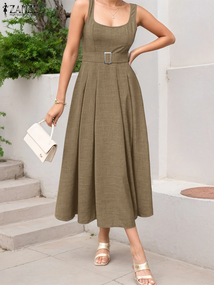 

Summer Dress ZANZEA Elegant Women Midi Sundress Sexy Sleeveless Square Collar Casual Solid Party Robe Belted Office Long Vestido