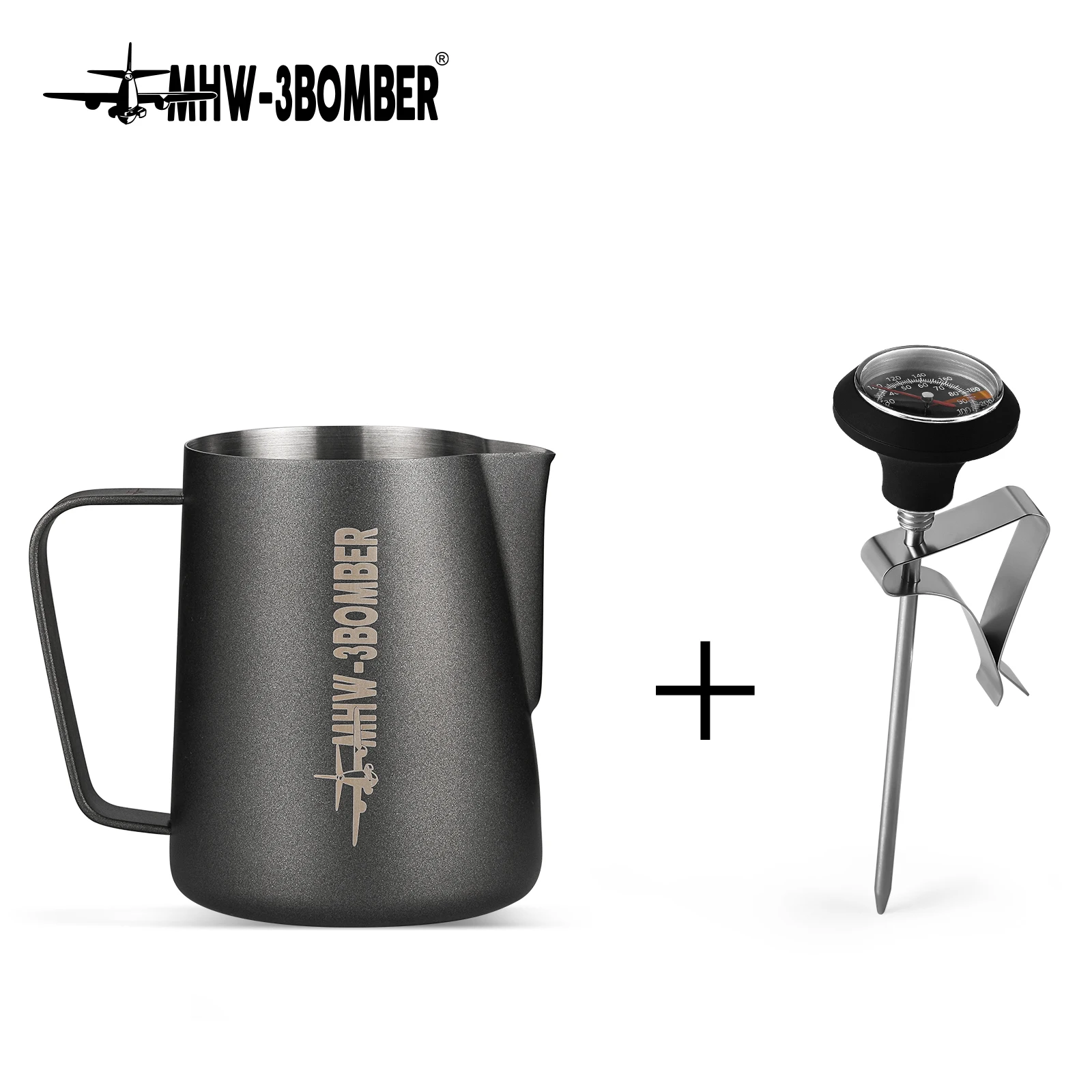 MHW-3BOMBER 600ml Milk Frothing Pitcher 3.0 Stainless Steel Steaming Pitcher Jug and Thermometer Professional Latte Art Tools