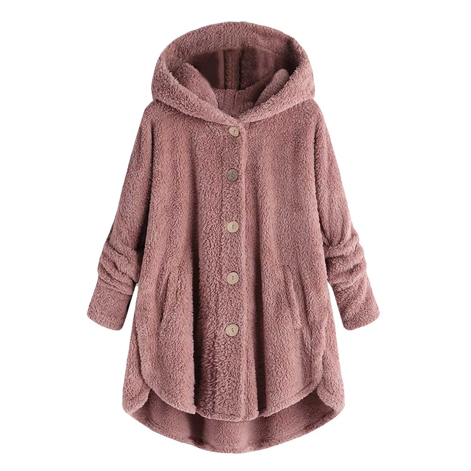 

2024 Women'S Coat Winter Plus Velvet Sports Winter Cute Solid Hooded Irregular Hem Buttons Jacket Fleece Coat Christmas Gifts