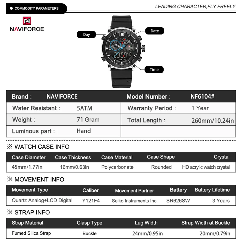 NAVIFORCE NF6104 Jam Tangan Pria Quartz Mewah Digital Jam Pria Militer Kronograf Olahraga Asli Tali Karet