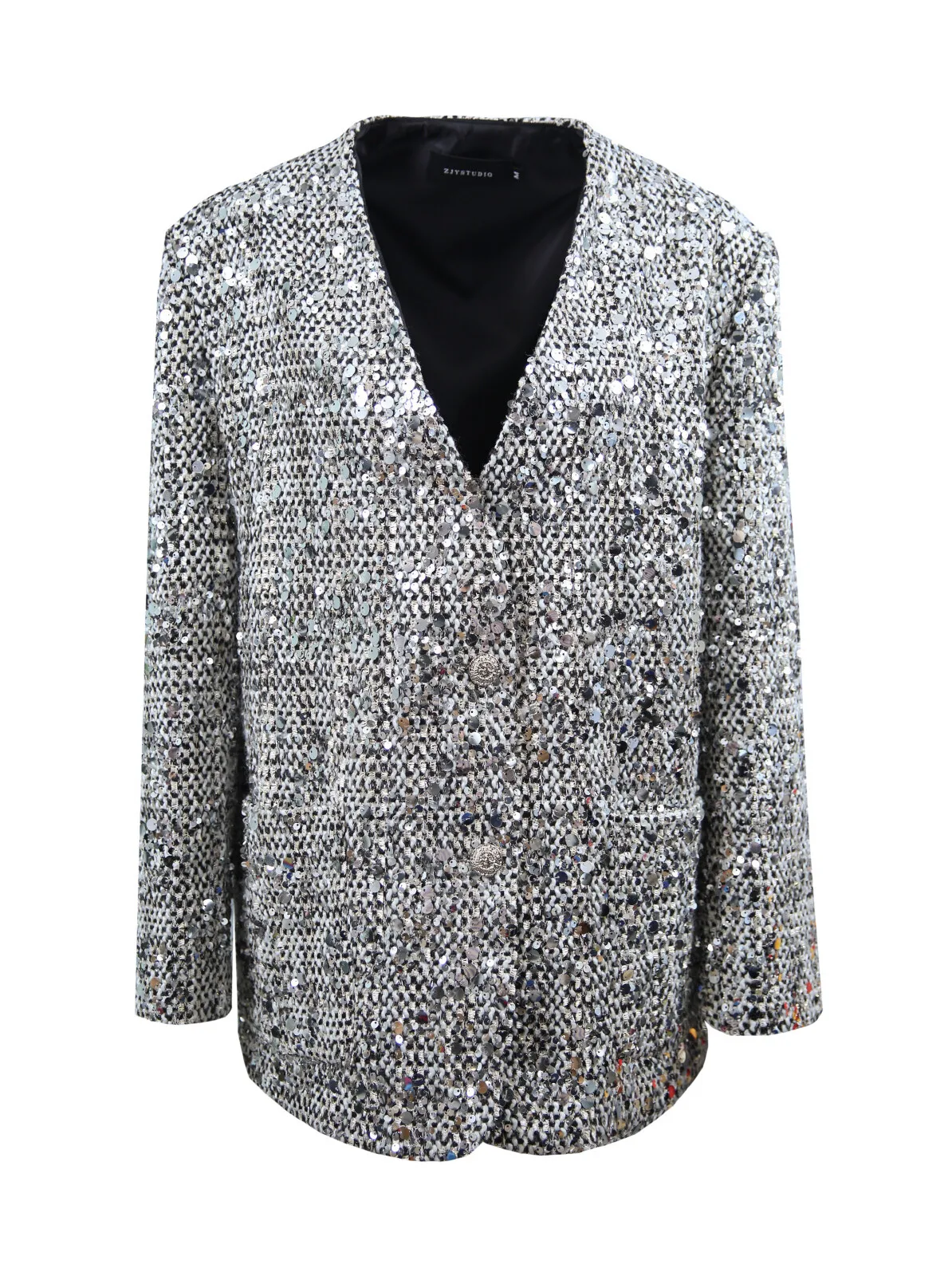 Advanced V-neck Silver Sequin Coat for Women 2024 Spring Clothes New Fashion Loose Long Sleeves Versatile Lady Suit Jacket Coats