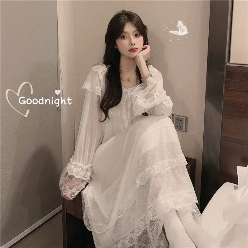 Nightgowns Women Solid Loose Bow Long Sleeve Mid-calf V-Neck Leisure Home Princess Style Stylish Gentle Feminino Sleepshirts New