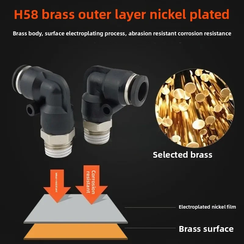 ‌PL4 Series Black Pneumatic Fittings - 90° L-Shaped Quick Connect Coupler M5/M6/M8 Thread for Air Compressor & Automation
