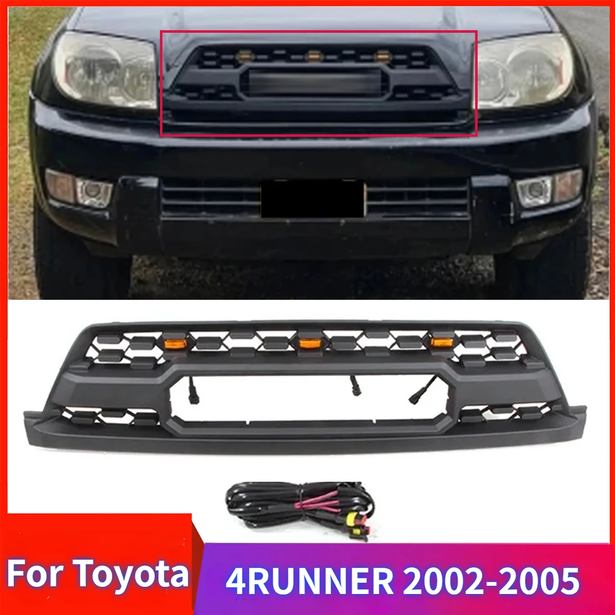 

Car Front Grille for For Toyota 4Runner 2002-2005 with LED Lights Front Grill Bumper Upper Guard Protector Cover Accessories Kit