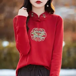 Chinese Style Autumn Winter Women's Stand Collar Embroidery Printing Fashion Long Sleeve Loose Pullovers Bottoming Shirt Tops