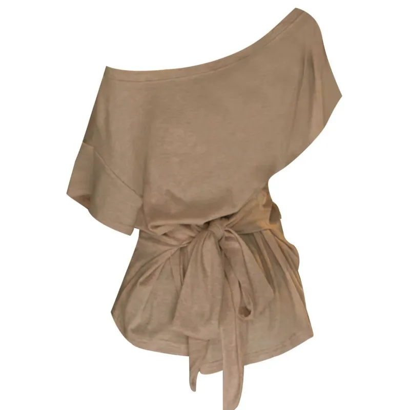 

Hot Girl Slant Neck Off-shoulder Short-sleeved T-shirt Women's Spring and Summer Lazy Strappy Waist Slimming Top