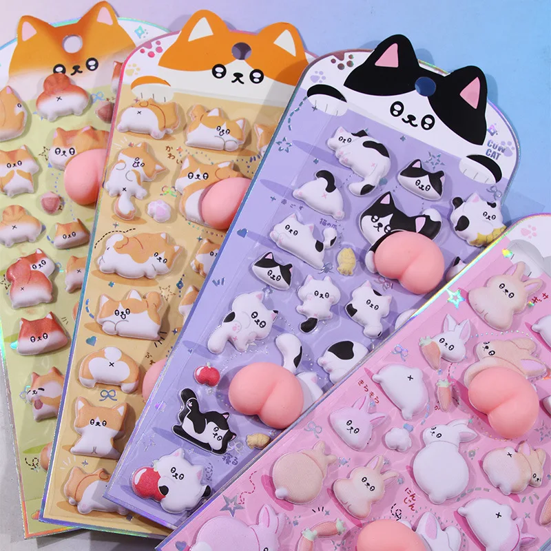 new-3dcute-squishy-animal-butt-stickers-cartoon-shiba-inu-cat-rabbit-thickened-foam-puffy-decals-for-girls-phone-case-decoration