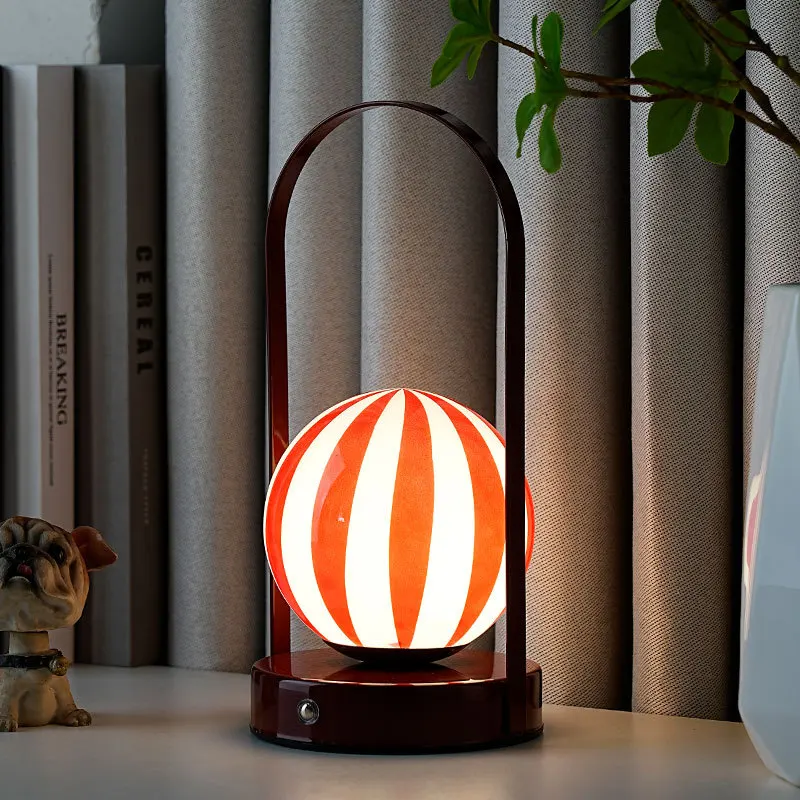 American Style Iron Art Portable Table Lamps Spherical Stripe Glass Lampshade Living Room Office Bedroom Restaurant Desk Lights