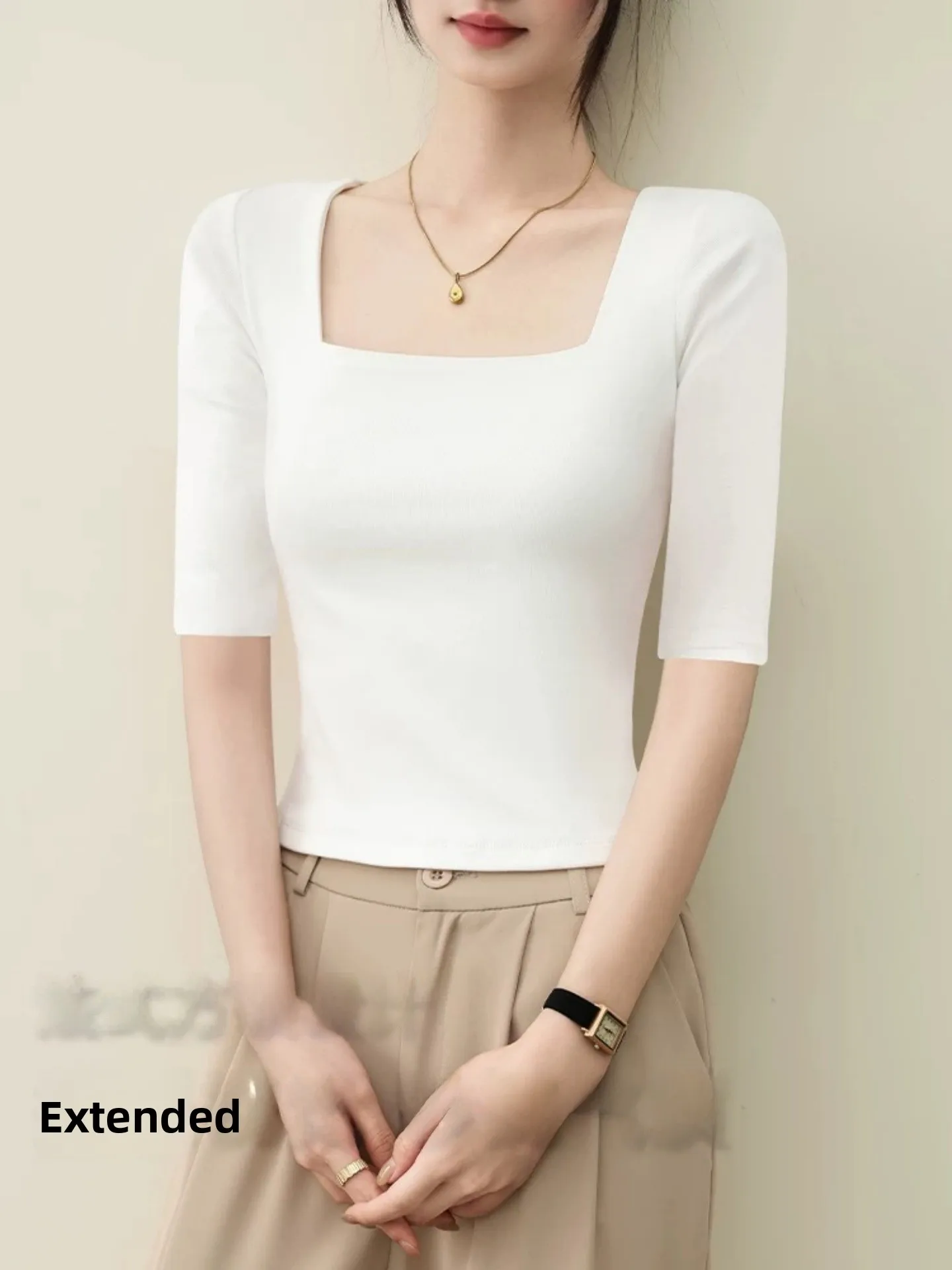95 Cotton Square Collar mid Sleeve T Shirt Women's plus Size Design Slimming Shoulder Length Half Sleeve Summer Top