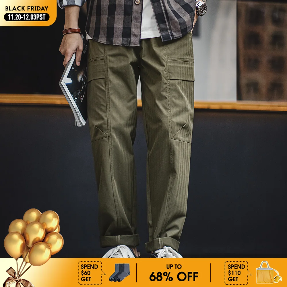 

Maden New Retro Multi-pocket Herringbone Casual Pants Vibe Green Straight Trousers for Men's Spring and Fall Fashion Style