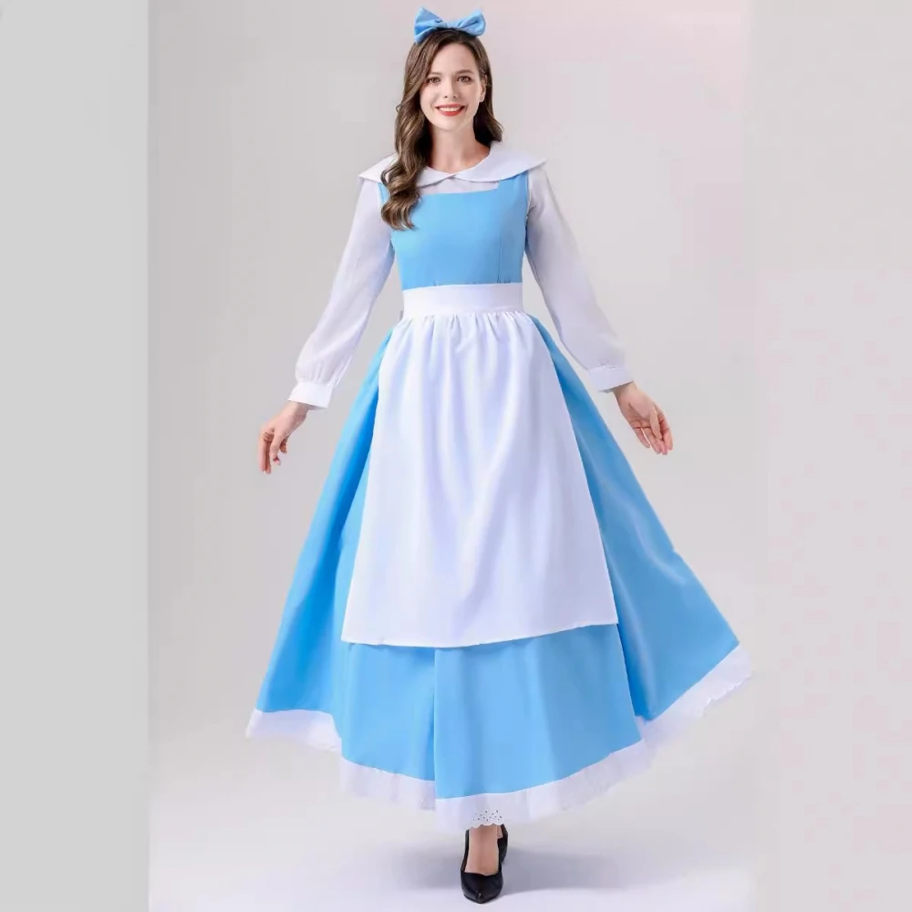 Fsia de Maid Azul Cosplay Princesa Belle Vestido Longo Fsia de loween Roupa Tradicional Chinesa para Mulheres