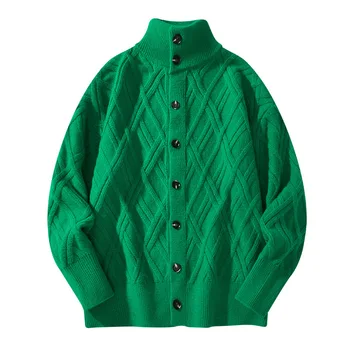 남성용 격자 무늬 패턴 자카드, 고품질 버튼업, 기본 스웨터, 오픈 스티치 가디건, 니트 코트, 겨울 패션 