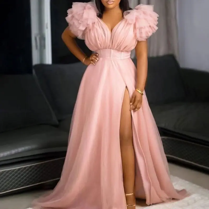 

Элегантное сетчатое платье больших размеров для женщин с рюшами и пышными рукавами, сексуальное вечернее платье с v-образным вырезом и высокой талией и разрезом подол для свадебной вечеринки