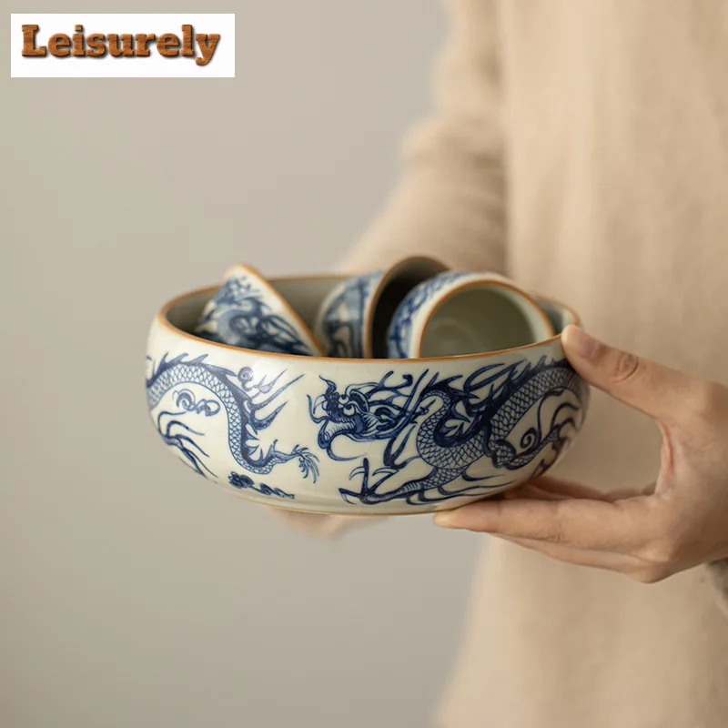 

800ml Retro Blue and White Dragon Jianshui Washing Cup Bowl Writing-brush Washer Tea Residue Barrel Chinese Tea Set Chaxi Craft