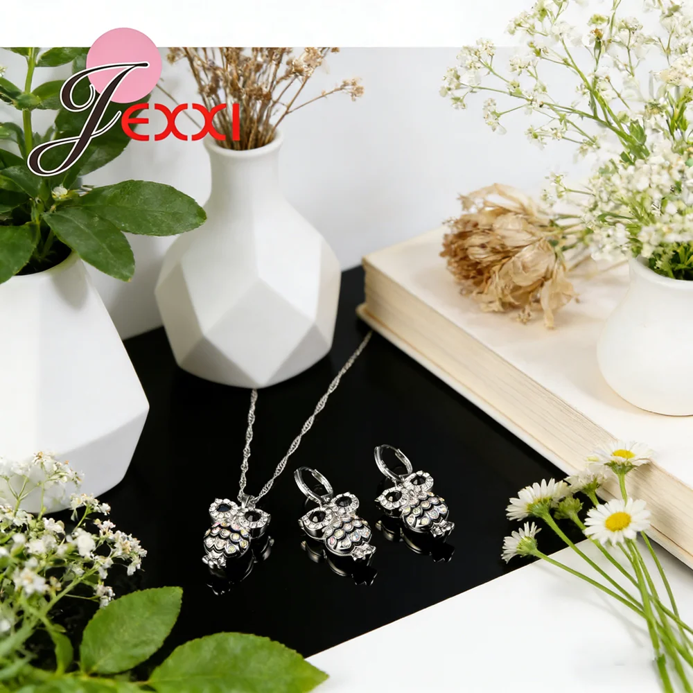 

Party Trendy Owl Design Girls Jewelry Sets Colorized Crystal Necklace Earrings 925 Sterling Silver Women Pendant Set