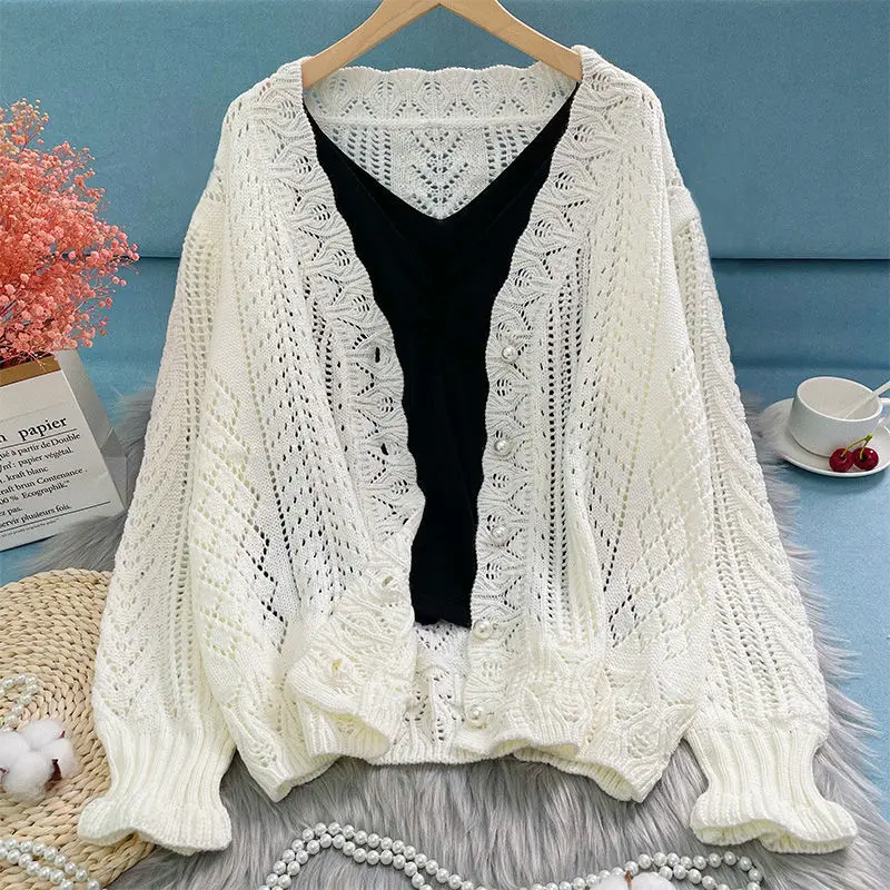 Pointelle Knit Cardigan Women\'s Semi Sheer V-neck Long Sleeve Pearl Button Down Sweater Jacket Teen-girl Fairycore Outfit