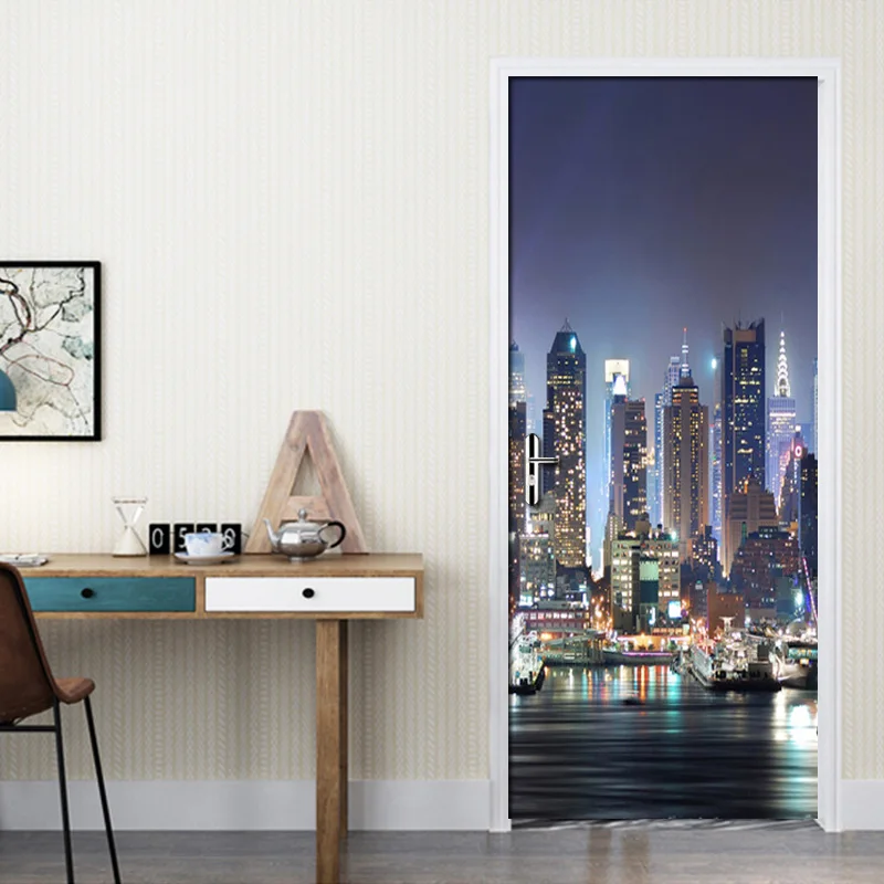 City Night View 3D Photo Wallpaper Door Sticker Removable Home Decor Wall Decals Door Stickers Wall Mural Art