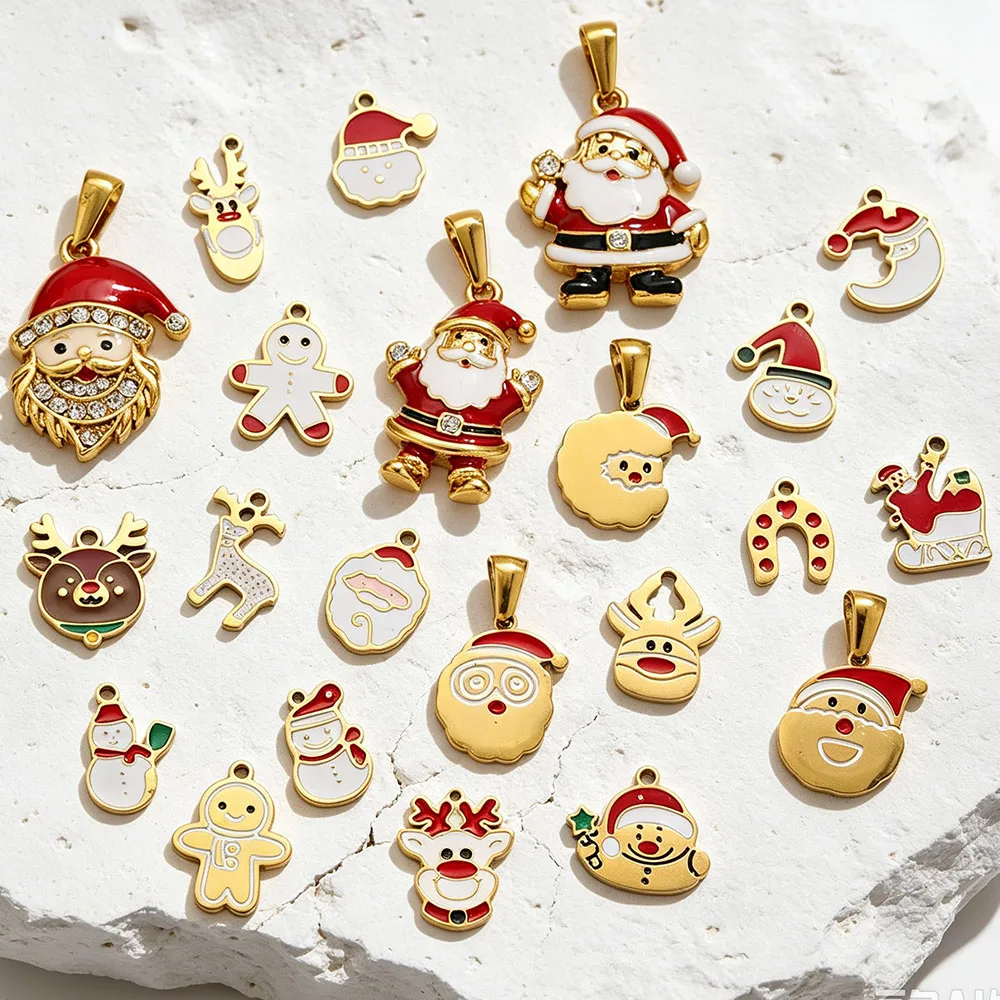 1-5pcs Enamel Christmas Charm 18K PVD Stainless Steel Gingerbread Man Deer Santa Claus Pendant DIY Necklace Earring Jewelry Bulk