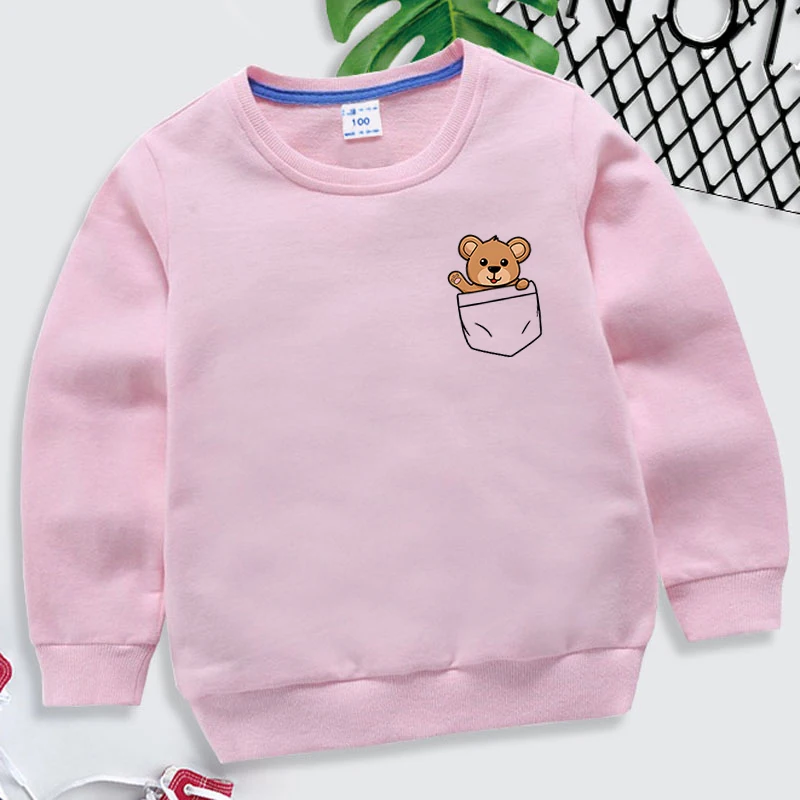 

Cute Funny Bear Pocket Print Hoodless Pullovers Children Fashion Casual Round Neck Pullover Kids Boys Girls Sweatshirt