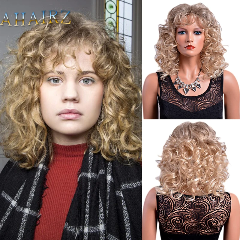 

Женский синтетический короткий светлый вьющийся парик с челкой, реалистичный пушистый стильный парик для мамы, женский косплей, вечеринка на Хэллоуин