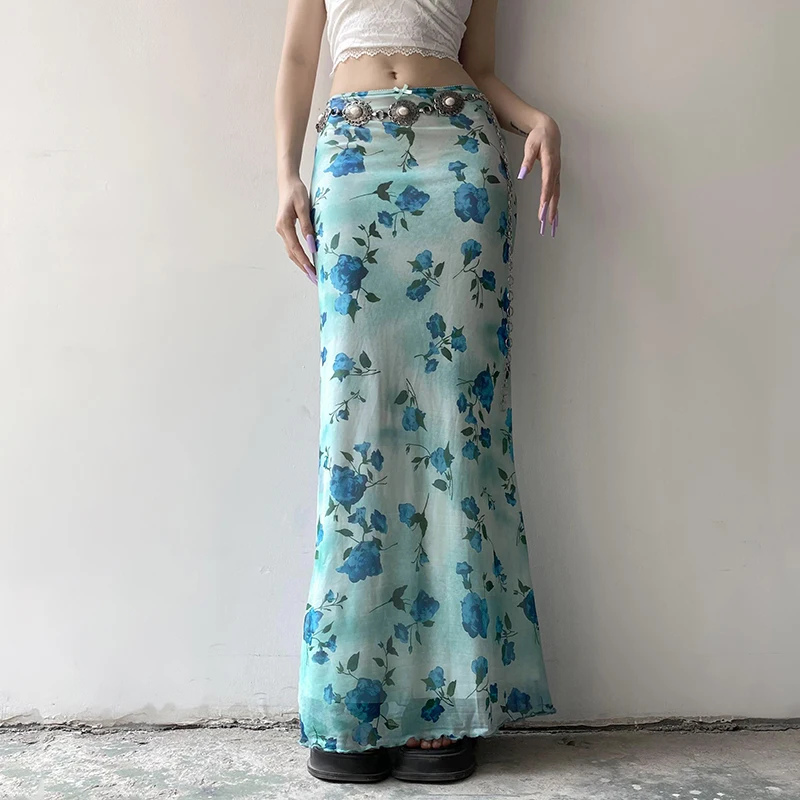 Rapcopter Floral Vintage Long Skirts y2k Low Waist Bow Trim Doblue Layers Low Waist Bohemian Midi Skirts Beach Holiday Outfits