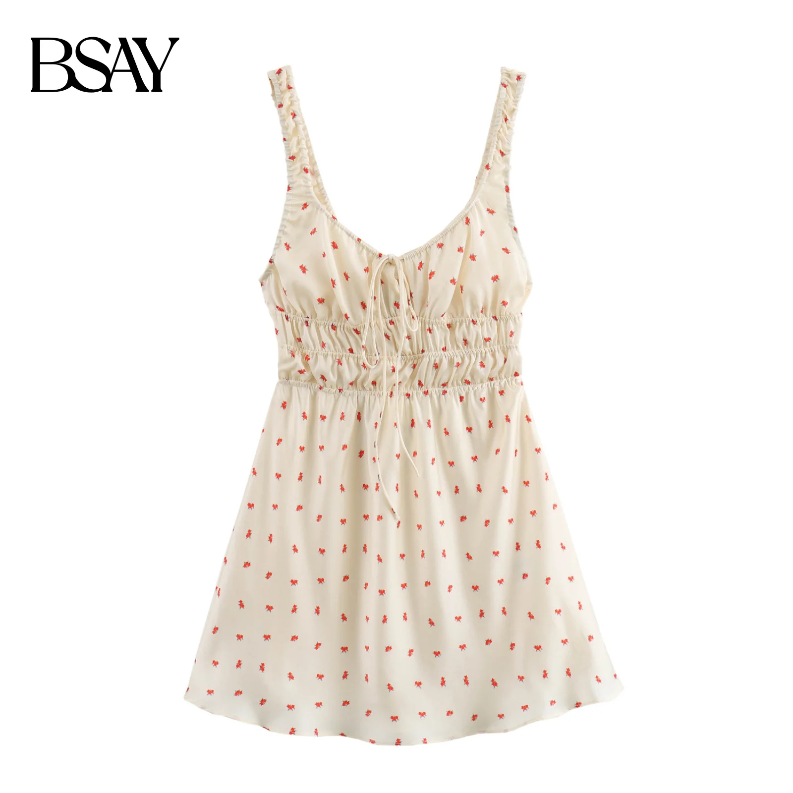 BSAY 女性ファッション夏セクシーなフラワープリントノースリーブバックレススリング V ネックサテンドレスシックな女性フレンチエレガンスイブニング