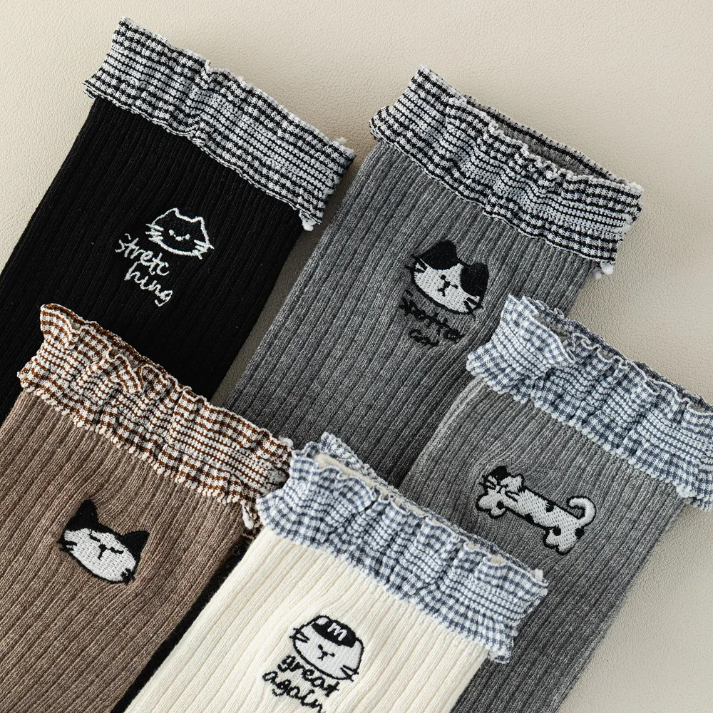

Cartoon Cat Embroidery Women Socks College Style Lolita Kawaii Plaid Ruffle Socks Harajuku Knitted Cotton Breathable Long Socks