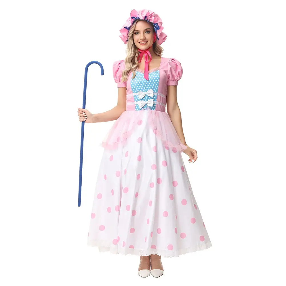 Bo Peep Cosplay Kostuum Vrouwen Meisjes Jurk Hoed Outfits Halloween Carnaval Feest Vermomming Pak