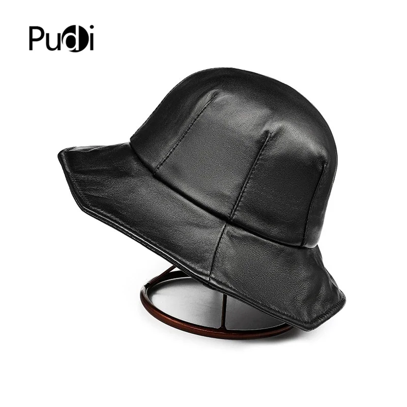 Pudi women genuine leather cap hat 2021 new brand real sheep leather sun caps bucket hatHL929