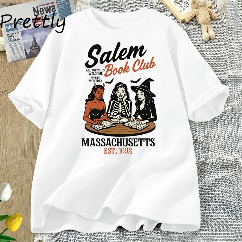 Witchy Book Club T Shirt Spooky Girl Reading T-Shirt Book Lover Halloween Tshirt Casual Short Sleeve Cotton Woman Clothes Tees