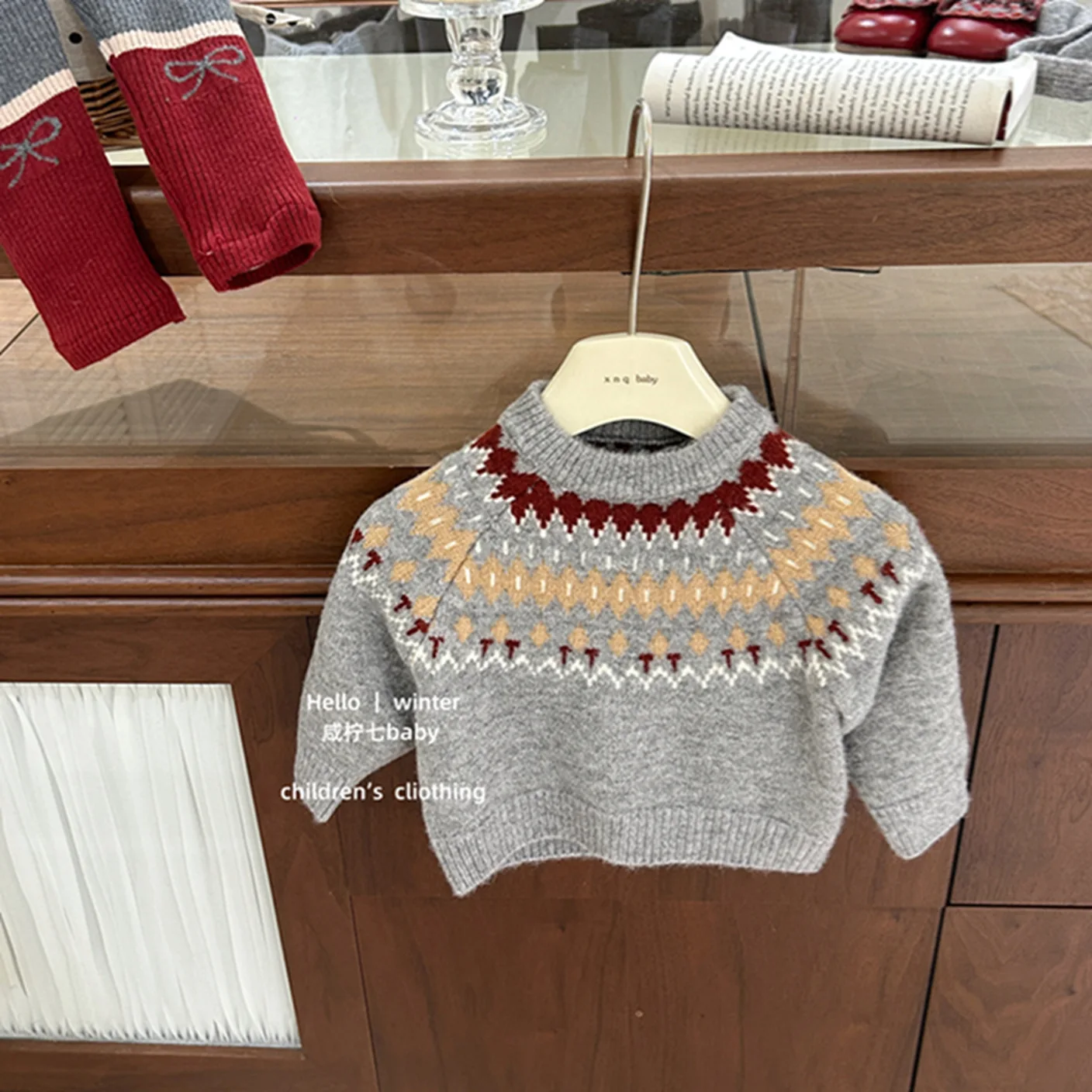 Korean Version Jacquard Sweater Girls' Spring Autumn and Winter Children's Winter Clothing Retro Knitted Top