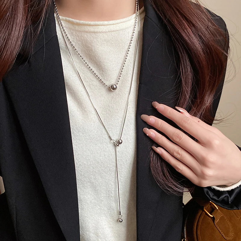 Edelstahl-Perlen-Kugel-Anhänger-Halskette für Frauen, einfache Y-förmige Halskette, trendige geschichtete Pullover-Kette, Schmuck im Großhandel