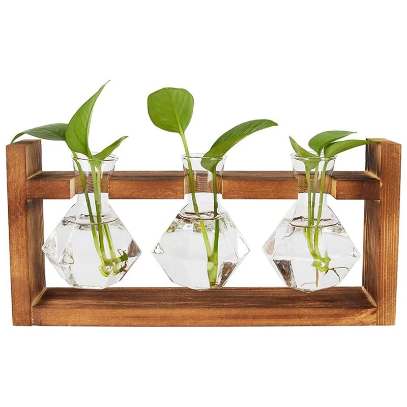 

Desktop Plant Propagation Stations,Diamond Glass Planter Flower Vase With Solid Wooden Stand For Hydroponics Air Plants