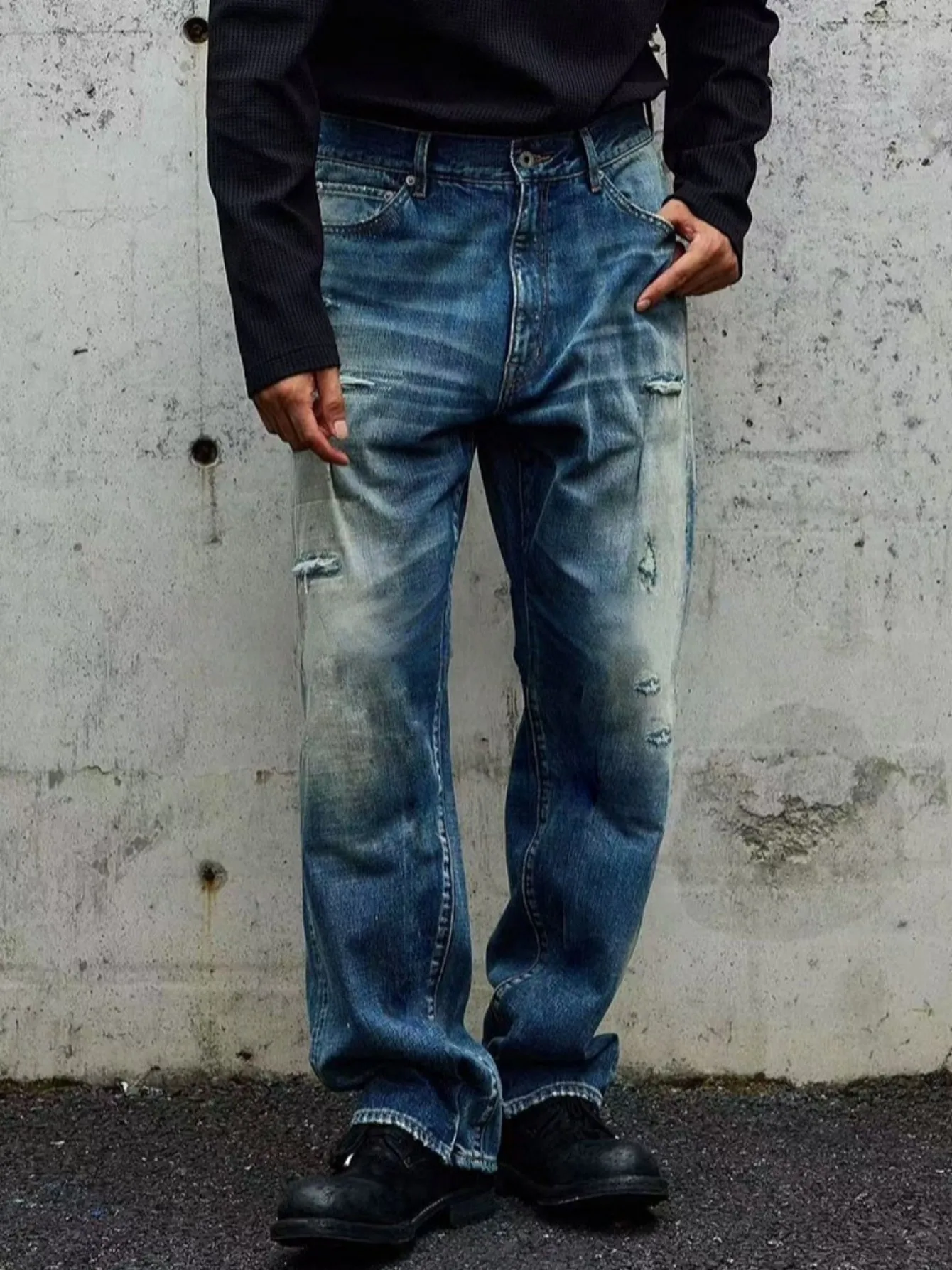 【HME】Men's Jeans | Elastic Rear Waist Vintage Destroyed-effect Denim Pants, Retro Cat-Whisker Fade Men Denim Trousers, Multi-position Subtle Frayed Rip, Roomy Wide-leg Silhouette Street Men Pants