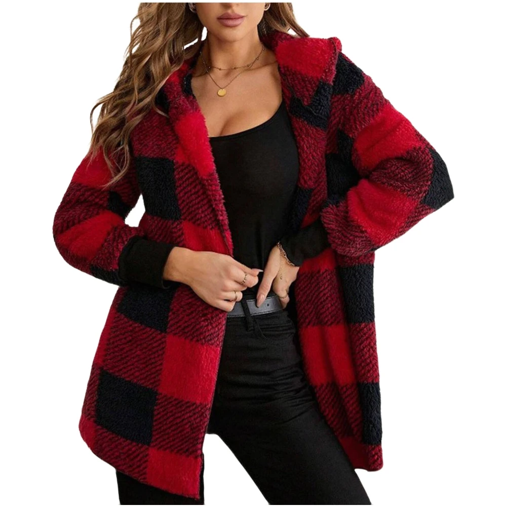 

Plaid Fleece Cardigan Outerwear Coat for Women with Hood Long Sleeves Plush Warm Jacket Suitable for Cold Weather