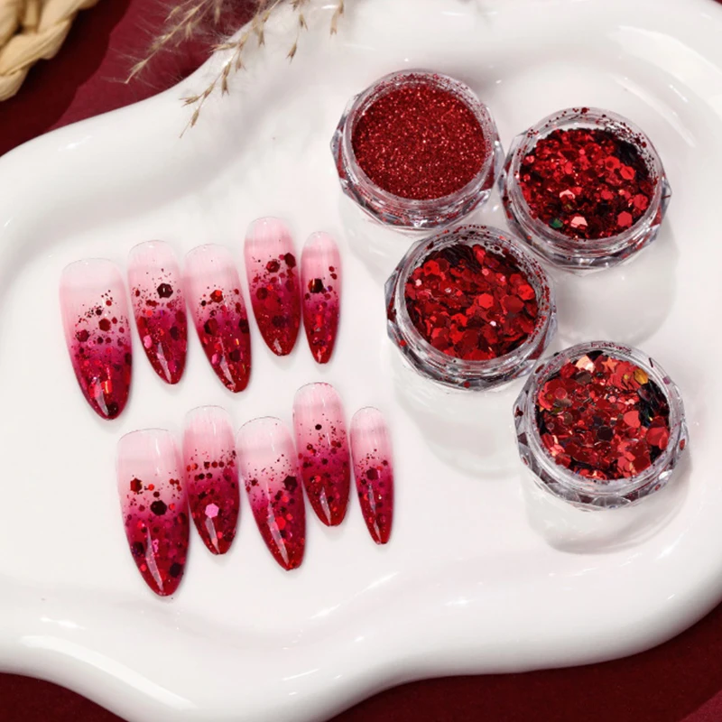 Nail Art Glitter Paillettes Cristallo rosso Diamante Polvere per unghie 3D Olografica Nail Art Polvere Scaglie lucide Pigmento Decorazione per manicure