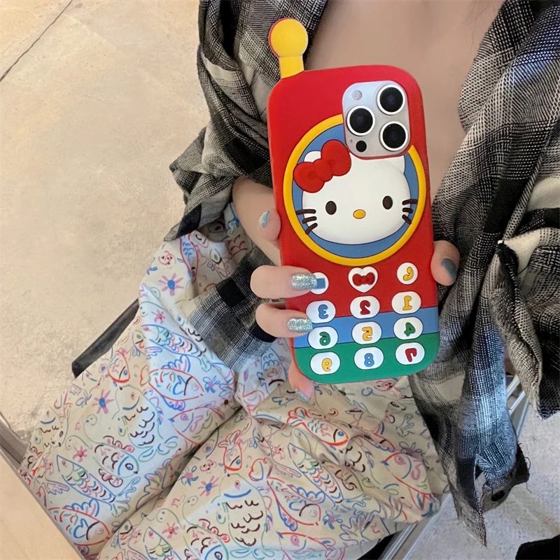 Phone Case for iPhone 17 Pro Max 16 15 14 13 Pro 12 Pro Max 3D Cartoon Hello Kitty Retro Phone Stereoscopic Soft Silicone Cover