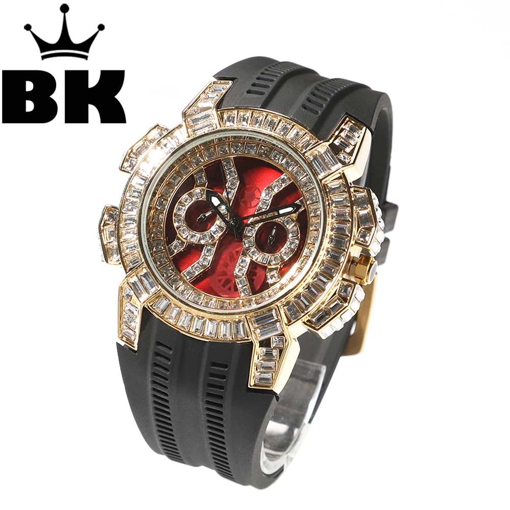 Hip Hop CZ Iced Out Round Quartz Watch For Men Stainless Steel Sports Waterproof Type Fashion Red Dial Plate Anniversary Gift