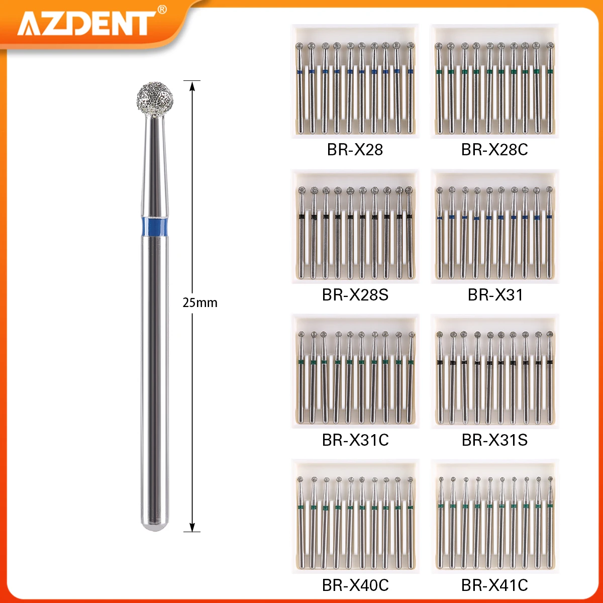 Fresa de diamante Dental de 1,6mm FG para pieza de mano de alta velocidad, bola AZDENT, tipo redondo, velocidad 450,000r/min