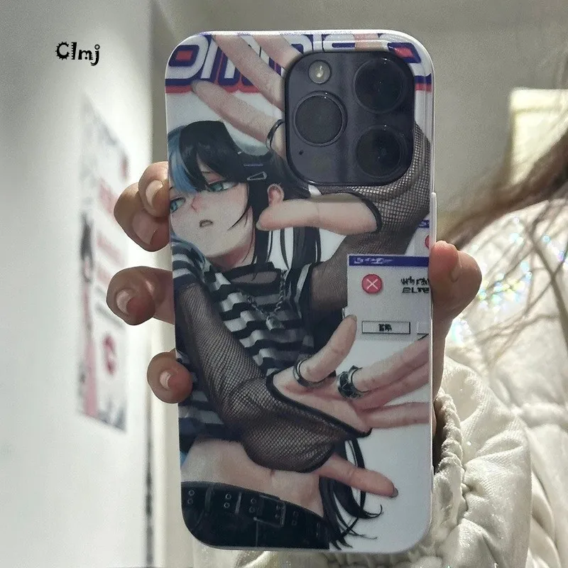 Clmj Y2K 애니메이션 소녀 쿨 폰 케이스 아이폰 16 15 14 13 12 11 프로 맥스 X XS XR XSMax 7 8 플러스 글로시 필름 하드 PC 커버