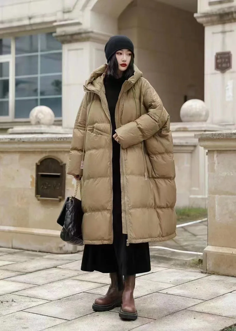Schinteon Women White Duck Down Jacket with Hood Autumn Winter Warm Long Outwear Over Size Loose Coat 2026 New