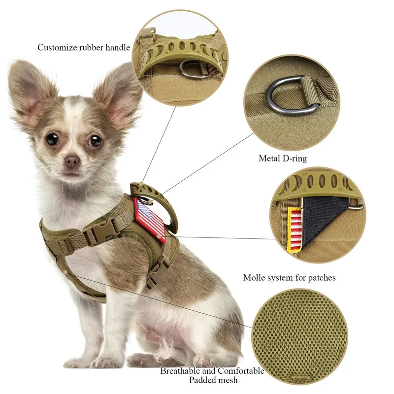 Tactical XS Dog Harness Adjustable k9 Military Puppy Vest for Outdoor Training Molle System Rubber Handle Easy to Control