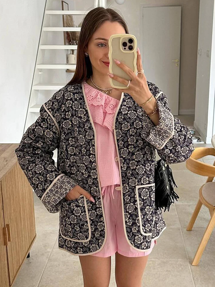 TRAFZA Women's Fashion Double-Sided Printed Single-Breasted Striped Cotton Casual Jacket Female Elegant Unique High Street Coat