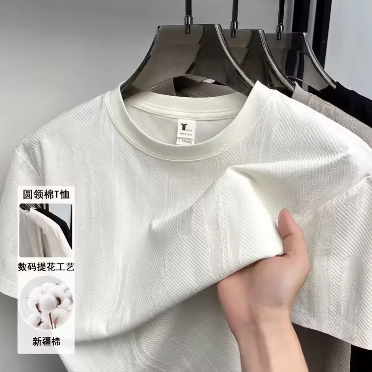 Cotton 68.6% Men Tees 2026 Summer Round neck T-shirt comfortable breathable 3D digital jacquard Tops t shirt