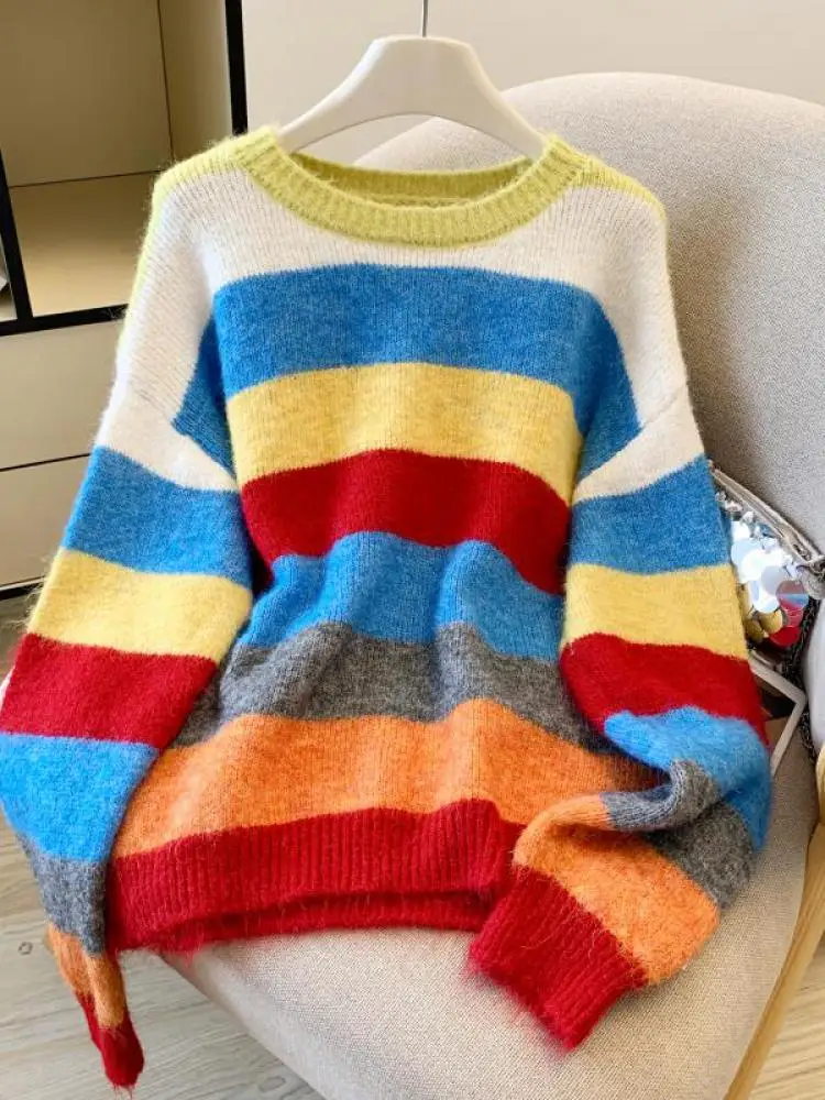 

Autumn Winter Rainbow Striped Round Neck Long Sleeve Sweater Vintage Women's Elegant Versatile Pullover Short Knitted Tops Trend