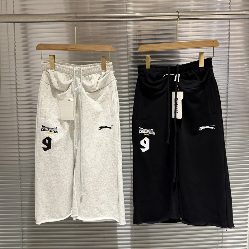 

Protocol Index Embroidery Digit 9 Label Leopard Calf Length Pants Men Women Folding Waist Knife Cutting Loose Casual Sweatpants