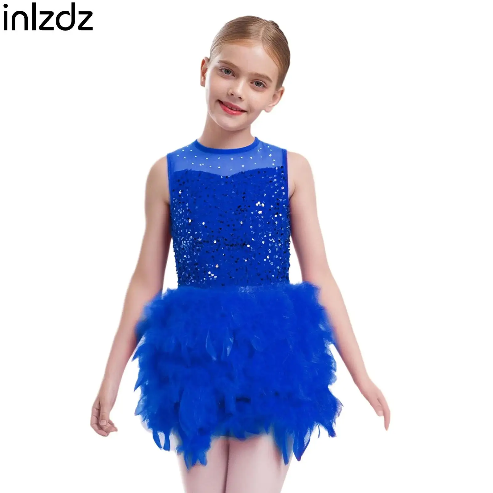 

Kids Girls Feather Figure Skating Gymnastics Modern Lyrical Latin Jazz Dance Costumes Sleeveless Sequins Velvet Princess Dress